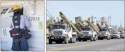  ?? The New York Times/CHANG W. LEE AP/News Herald/JOSHUA BOUCHER ?? A searcher checks a house for survivors or victims Saturday in Mexico Beach, Fla. Crews from the Public Service Co. of Oklahoma arrive with utility poles Saturday in Panama City, Fla., to help restore downed power lines.