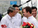  ?? — PTI ?? Congress vice-president Rahul Gandhi being welcomed by former Chief Minister Harish Rawat on his arrival in Dehradun on Friday.