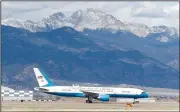  ?? (AP/David Zalubowski) ?? With Pike’s Peak in the background, Air Force Two taxis to the terminal Saturday at Peterson Air Force Base as Vice President Mike Pence arrives in Colorado Springs, Colo.