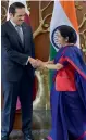  ??  ?? External affairs minister Sushma Swaraj with Qatar foreign minister Sheikh Mohammed Bin Abdul Rahman Al-Thani in New Delhi on Saturday.