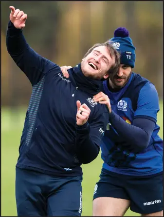  ??  ?? Stuart Hogg and Tommy Seymour share a laugh at Scotland training yesterday