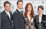  ?? AP FILE PHOTO ?? In this Jan. 16, 2006 file photo, cast members from the comedy series “Will & Grace,” from left, Eric McCormack, Sean Hayes, Debra Messing and Megan Mullally, pose backstage after making an award presentati­on at the 63rd annual Golden Globe Awards in...