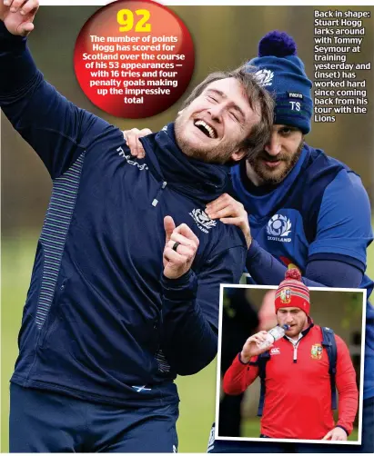  ??  ?? Back in shape: Stuart Hogg larks around with Tommy Seymour at training yesterday and (inset) has worked hard since coming back from his tour with the Lions