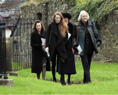  ??  ?? RESPECT: Lady Iona Charlotte Grimston, right, wife of Lord Henry Mount Charles, with relatives at the funeral of Eileen Countess of Mount Charles at St Patrick’s Cathedral, Trim. Photo: Tony Gavin