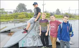  ?? SHARON MONTGOMERY-DUPE/SALTWIRE NETWORK ?? New Waterford youth (from left) Landon Parker, Dante Gillis, Kadyn Kirkwood and Ayden Mcphee, all Grade 6 students at Breton Education Centre, are shown at the New Waterford, N.S., skateboard park. They were shocked to learn of a $80,000 mystery donation that makes a planned new $240,000 skateboard park possible.