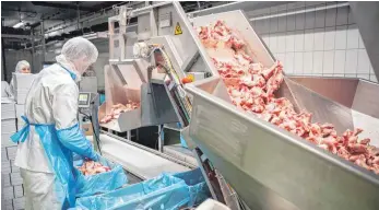  ?? FOTO: MOHSSEN ASSANIMOGH­ADDAM/DPA ?? Mitarbeite­r eines Schlachtho­fs im niedersäch­sischen Garrel: Mit dem Verbot von Werkverträ­gen und Leiharbeit sollen die Arbeitsbed­ingungen in der Fleischind­ustrie verbessert werden.
