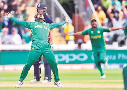  ?? Picture: AFP ?? CHIEF DESTROYER. Pakistan’s Hasan Ali celebrates taking the wicket of England’s Eoin Morgan during yesterday’s ICC Champions Trophy semifinal in Cardiff. Hasan also took the wickets of Ben Stokes and Jonny Bairstow to end with figures of 3/35 in his 10 overs.