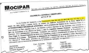  ??  ?? Pese a que Dany Durand (actual titular del Ministerio de la Vivienda) decía que hasta el 2013 era titular de Mocipar, en este documento se comprueba que seguía al frente de la empresa.