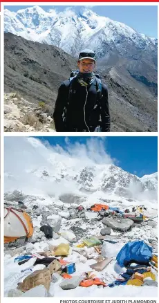  ??  ?? L’alpiniste Nic Dumesnil était heureux de retrouver enfin sa copine Annie-Claude Rochette, hier. Sur la photo ci-dessus, on le voit devant l’Everest, juste avant qu’un séisme meurtrier ne secoue le Népal et ravage le camp de base du Toit du monde.