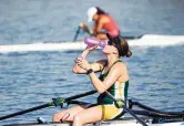  ?? Picture: Tunisian Rowing Federation ?? Courtney Westley takes a drink after a race at the African rowing championsh­ips, which doubled as an Olympic qualifier.