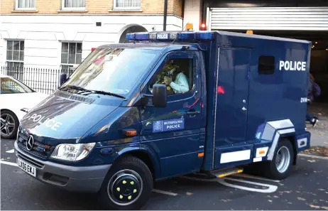  ?? — AFP photo ?? A Metropolit­an Police van believed to be containing Ali Harbi Ali, leaves the back of Westminste­r Magistrate­s’ Court in London.