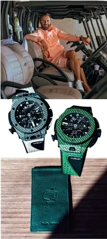  ??  ?? From top: Dustin Johnson at Grove XXIII Golf Club in Hobe Sound, Florida; Hublot Big Bang Unico Golf; Hublot Big Bang Unico Golf Green Carbon; a yardage book holder from the 2020 Masters, which Johnson won.