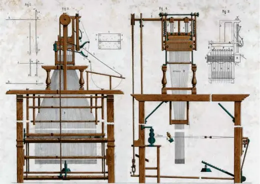  ?? ARCHIVIST/ADOBE ?? Above, an illustrati­on of the Jacquard loom from 1804. Below, the punch-card system that made it possible to mechanize and mass-produce intricate woven designs.