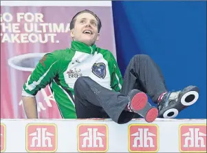  ?? CP PHOTO ?? Saskatchew­an skip Adam Casey takes a break during draw 3 action against Alberta at the Tim Hortons Brier curling championsh­ip at Mile One Centre in St. John’s on Sunday.