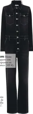  ??  ?? GANNI Mono vaquero con pespuntes en blanco (329 €).Cinturón ancho en piel de coco con hebilla tipo ‘Doble G’.