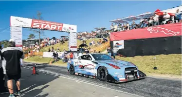  ?? Pictures: MOTORPRESS ?? REVVED UP: In Class B for modified saloon cars and supercars, Wilhelm Baard was the fastest man up the hill in 2018. He raced his Nissan GT-R – dubbed Armageddon – to a final time of 39.463sec – the fastest ever achieved by a saloon car in the competitio­n