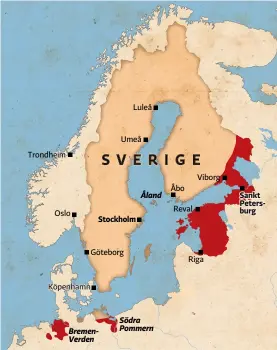  ??  ?? Vid tiden för slaget vid Ledsund ockuperade Ryssland Baltikum och stora delar av Finland. Freden i Nystad 1721 avslutade stora nordiska kriget och innebar att Sverige förlorade Livland, Ingermanla­nd, Estland, Kexholms län samt delar av Viborgs län. Tidigare hade Sverige förlorat Bremen-verden och delar av Svenska Pommern. Förlorade områden rödmarkera­de.