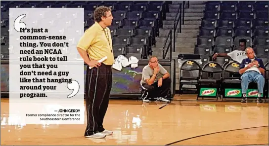  ??  ?? Ron Bell, a former prison inmate who befriended Georgia Tech basketball coach Josh Pastner, kneels on the sideline as Pastner runs a practice in 2016. Bell had insinuated himself into the coach’s basketball programs and then accused Pastner of...