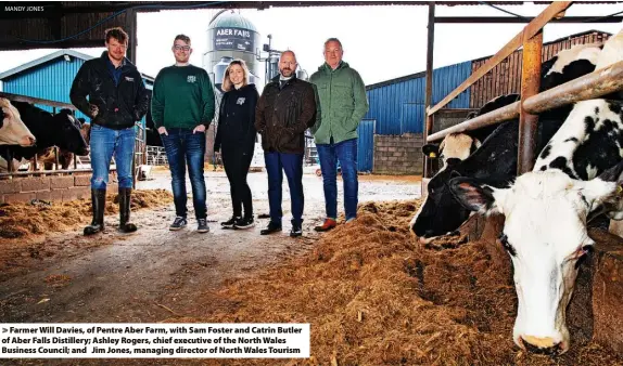  ?? MANDY JONES ?? Farmer Will Davies, of Pentre Aber Farm, with Sam Foster and Catrin Butler of Aber Falls Distillery; Ashley Rogers, chief executive of the North Wales Business Council; and Jim Jones, managing director of North Wales Tourism