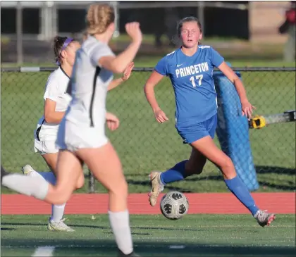  ?? RICH HUNDLEY III — FOR THE TRENTONIAN ?? Princeton’s Sophia Lis (17) moves with the ball against Hopewell Valley during the Central Group III final on Friday afternoon. Lis won the Golden Boot in the CVC and is our Player of the Year.