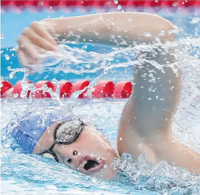  ?? JOHN MAHONEY ?? Maya Bernardi of Pointe-Claire swims to victory in a recent meet against Westmount. The meet was at Valois Pool, which will host this season’s swimming finals for the 22-pool associatio­n on Aug. 19.