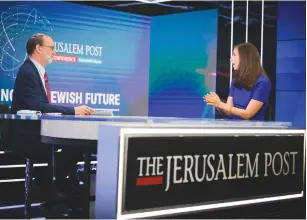  ?? ( Lior Lev) ?? SENIOR COLUMNIST Herb Keinon interviews Jordana Cutler, Facebook’s head of policy for Israel and the Jewish Diaspora, at The Jerusalem Post Annual Conference.