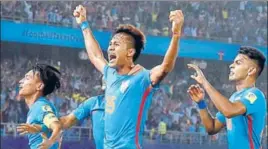  ?? PTI ?? Jeakson Thounaojam (centre) celebratin­g after scoring India’s only goal in the FIFA U17 World Cup. Gregory feels the team needs to stay together and focus on the next agegroup tournament.