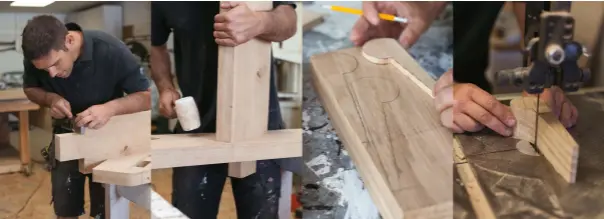  ??  ?? Below, from left to right: Josh makes some oak steps. He uses a shoulder plane to make a tusked tenon in one of the steps; the ‘T’ shape of the tusked tenon joint connects through a correspond­ing hole (or mortise) in the side support rail; the template...