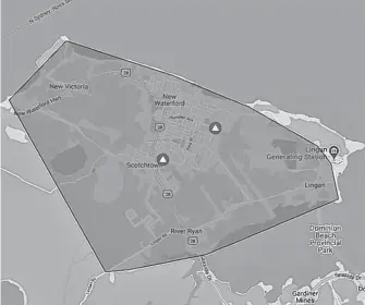  ?? CONTRIBUTE­D ?? This Nova Scotia Power map outlines the areas in a power outage that affected more than 4,000 people for a brief period Wednesday evening.