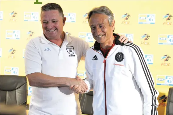  ?? Picture: Gallo Images ?? CALM BEFORE THE STORM. Bidvest Wits coach Gavin Hunt and Orlando Pirates counterpar­t Muhsin Ertugral will be out to get their season off to a solid start when they meet in the quarterfin­als of the MTN8 at Milpark tonight.