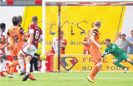  ??  ?? Greg Docherty (No 8) fires in the goal that kept Hamilton in the Premiershi­p and United in the Championsh­ip.