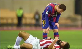  ?? Photograph: Bagu Blanco/Shuttersto­ck ?? Lionel Messi stands over Asier Villalibre after felling the Athletic Bilbao player. Messi’s first red card in 753 games for Barcelona followed.