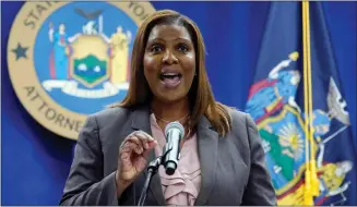  ?? RICHARD DREW, FILE — THE ASSOCIATED PRESS ?? New York Attorney General Letitia James speaks at a news conference at her office, in New York.