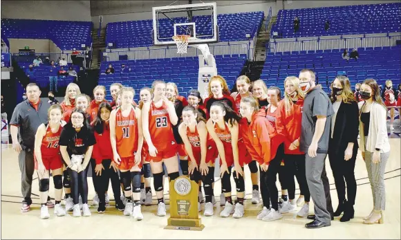  ?? MARK HUMPHREY ENTERPRISE-LEADER ?? Farmington’s girls basketball team coached by Brad Johnson finished as State Runner-up for the 2020-21 season with a 68-54 loss to Harrison in the Class 4A State Finals on Saturday at Bank OZK Arena in Hot Springs. The Lady Cardinals finished 23-8.