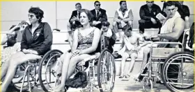  ?? ?? Jet-setter: (from top) Baroness Masham as she is today; heading off to Tokyo with her husband; by the pool at the 1962 Commonweal­th Paraplegic Games in Perth, Australia