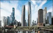  ?? SKIDMORE, OWINGS & MERRILL ?? A rendering shows residentia­l towers of unequal height on the Chicago Spire site at 400 N. Lake Shore Drive.