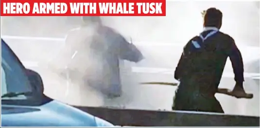  ??  ?? A KILLER AT BAY: Rampaging knifeman Usman Khan, left, is halted on London Bridge by a Polish chef named Lukasz, centre, armed with a narwhal tusk, and an unidentifi­ed man wielding a fire extinguish­er