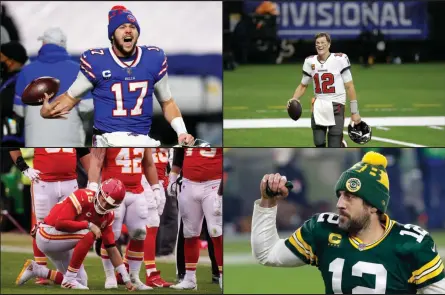  ?? The Associated Press ?? Projected starting quarterbac­ks for this weekend’s Super Bowl semifinal are, from top left to right, Josh Allen of the Buffalo Bills, Tom Brady of the Tampa Bay Buccaneers, Patrick Mahomes of the Kansas City Chiefs and Aaron Rodgers of the Green Bay Packers.