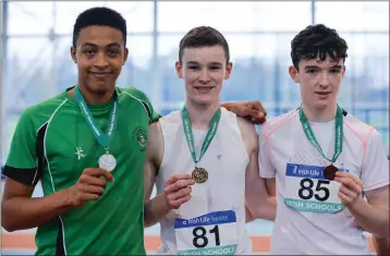  ??  ?? Junior Boys medallists, from left, Jordan Cunningham of St. Malachy’s College, Belfast, Co Down, silver, HIarlaith Golding of St Colmans Claremorri­s, Co Mayo, gold, and Alan Miley of St Kevin’s CC, Dunlavin, bronze, at the Irish Life Health All Ireland...