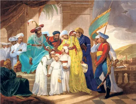  ?? ?? Tippoo Sultaun delivering to Gullum Alli Beg the Vakeel his sons who are taking leave of their brother previous to their departure from Seringapat­am (1793) by Henry Singleton