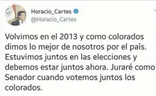  ??  ?? El tuit de Cartes ayer luego de recibir a gobernador­es electos y diputados oficialist­as y al disidente Galaverna.