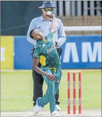  ?? Picture: GALLO IMAGES ?? DOWN THE LINE: Akhona Mnyaka fires down a delivery for South Africa during their U19 Tri Series final against England at Senwes Park in Potchefstr­oom earlier this month