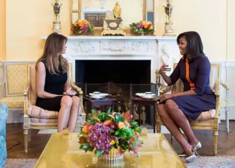  ??  ?? ONE LUMP OR TWO? Melania Trump and Michelle Obama met for tea in the White House in the days following Donald Trump’s election victory. Photo: Chuck Kennedy/The White House