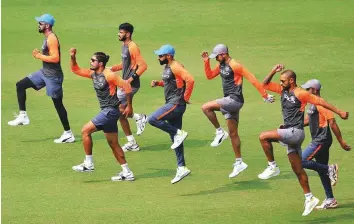  ?? AFP ?? Indian players take part in a training session yesterday, ahead of their first One Day ■ Internatio­nal against West Indies at Barsapara Cricket Stadium in Guwahati.