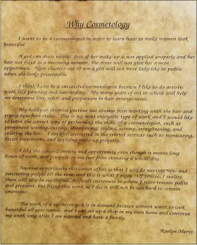  ??  ?? The essay Raelyn Mertz wrote that won her the Vera C. Bryant Memorial Scholarshi­p in 1963 to go to beauty school.