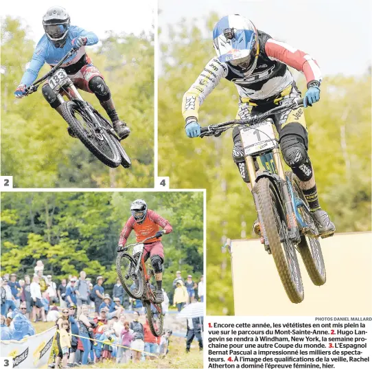  ??  ?? 1. Encore cette année, les vététistes en ont mis plein la vue sur le parcours du Mont-sainte-anne. 2. Hugo Langevin se rendra à Windham, New York, la semaine prochaine pour une autre Coupe du monde. 3. L’espagnol Bernat Pascual a impression­né les...