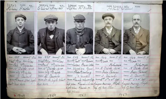  ??  ?? Entries from the West Midlands criminal registers of police photo books showing four members of the Peaky Blinders gang, their offences including stealing a bicycle, shop breaking and false pretences