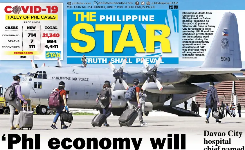  ?? KRIZJOHN ROSALES ?? Stranded students from University of the Philippine­s-Los Baños board a Philippine Air Force C-130 plane at Villamor Air Base in Pasay City for a flight to Iloilo yesterday. UPLB said the scheduled private flights for the students were cancelled during the enhanced community quarantine and the assistance of PAF was their last hope of being reunited with their families.