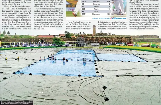  ??  ?? Ground-staff cover the pitch and the outfield with plastic sheets at the Galle Stadium