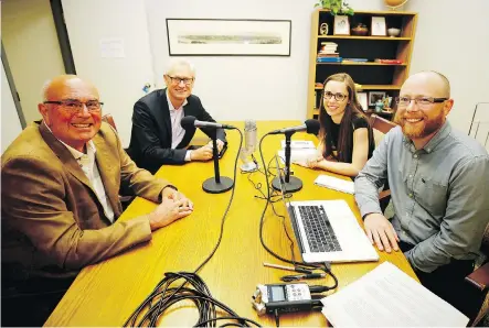  ?? AL CHAREST ?? Former alderman Ray Clark, left, and former mayor Al Duerr, back left, meet with Postmedia reporters Annalise Klingbeil and Trevor Howell during the recording of a new podcast that looks at the Calgary community and the people who make it tick.